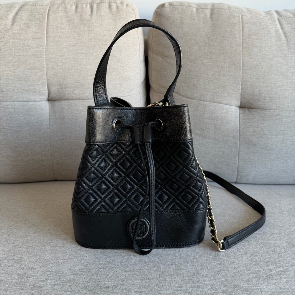Tory Burch Fleming Black Quilted Bucket Shoulder Bag